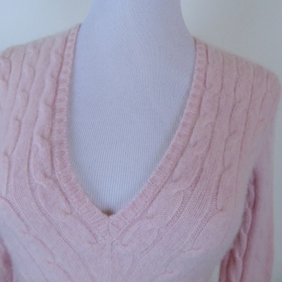 RALPH LAUREN BLACK LABEL CASHMERE pink CABLE  v neck Sweater M - Picture 2 of 5
